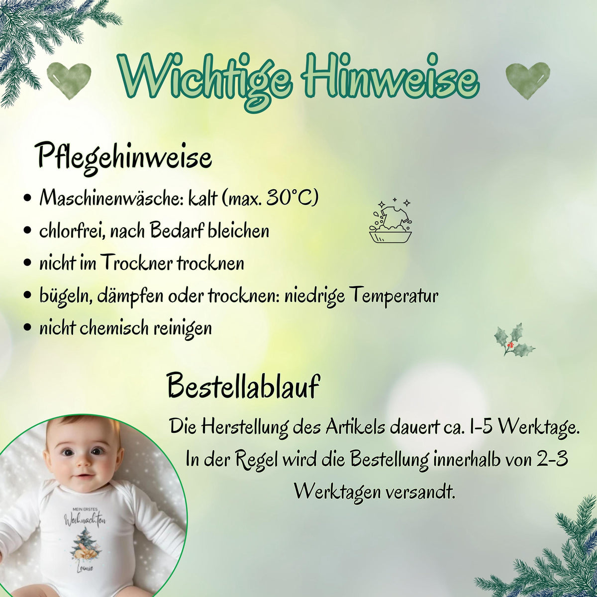 Weicher Langarm-Babybody mit dem Aufdruck „Mein erstes Weihnachten“. Der Body ist personalisiert mit Namen und aus angenehm weicher Baumwolle gefertigt. Perfekt für das erste Weihnachtsfest, für festliche Fotos oder als Geschenk für Eltern, Großeltern oder Paten. Der hochwertige Druck und die langlebige Qualität machen diesen Weihnachtsbody Baby zu einem besonderen Erinnerungsstück für die Feiertage. Langarm-Babybody Weihnachten mit personalisierbarem Namen als Weihnachtsoutfit für Fotoshootings