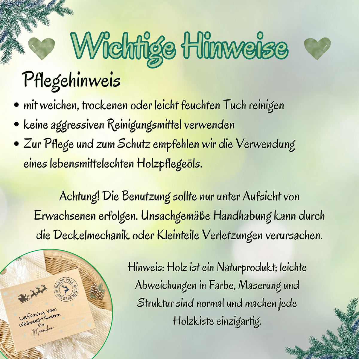 Personalisierte Lieferung-vom-Weihnachtsmann-Holzkiste aus hochwertigem Holz, ideal als Geschenkbox Weihnachten oder Adventskiste mit Namen. Perfekt zum Befüllen für Kinder, Eltern oder Freunde. Diese Weihnachtskiste mit Gravur „Lieferung vom Weihnachtsmann“ ist eine besondere Idee, um Geschenke stilvoll zu verpacken. Nachhaltige Holzkiste Weihnachten mit nostalgischem Design – ideal für Weihnachtsüberraschungen, Geschenke unter dem Baum oder als Dekoration in der Adventszeit.