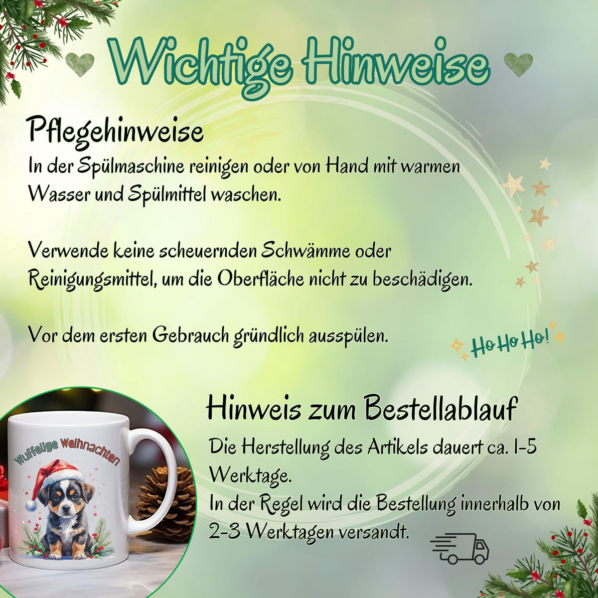 Lustige Weihnachtstasse mit Hundemotiv und Spruch „Wuffelige Weihnachten“ – ideales Geschenk für Hundefreunde, Hundebesitzer und Tierliebhaber zu Weihnachten. Die Tasse zeigt einen niedlichen Welpen mit Weihnachtsmütze in winterlicher Kulisse – perfekt als Nikolausgeschenk, Wichtelgeschenk oder als kleines Präsent für Kollegen und Freunde. Hochwertige Keramiktasse für Kaffee, Tee oder Kakao mit farbenfrohem Druck. Geschenkidee mit Herz für alle, die Weihnachten und Hunde lieben.