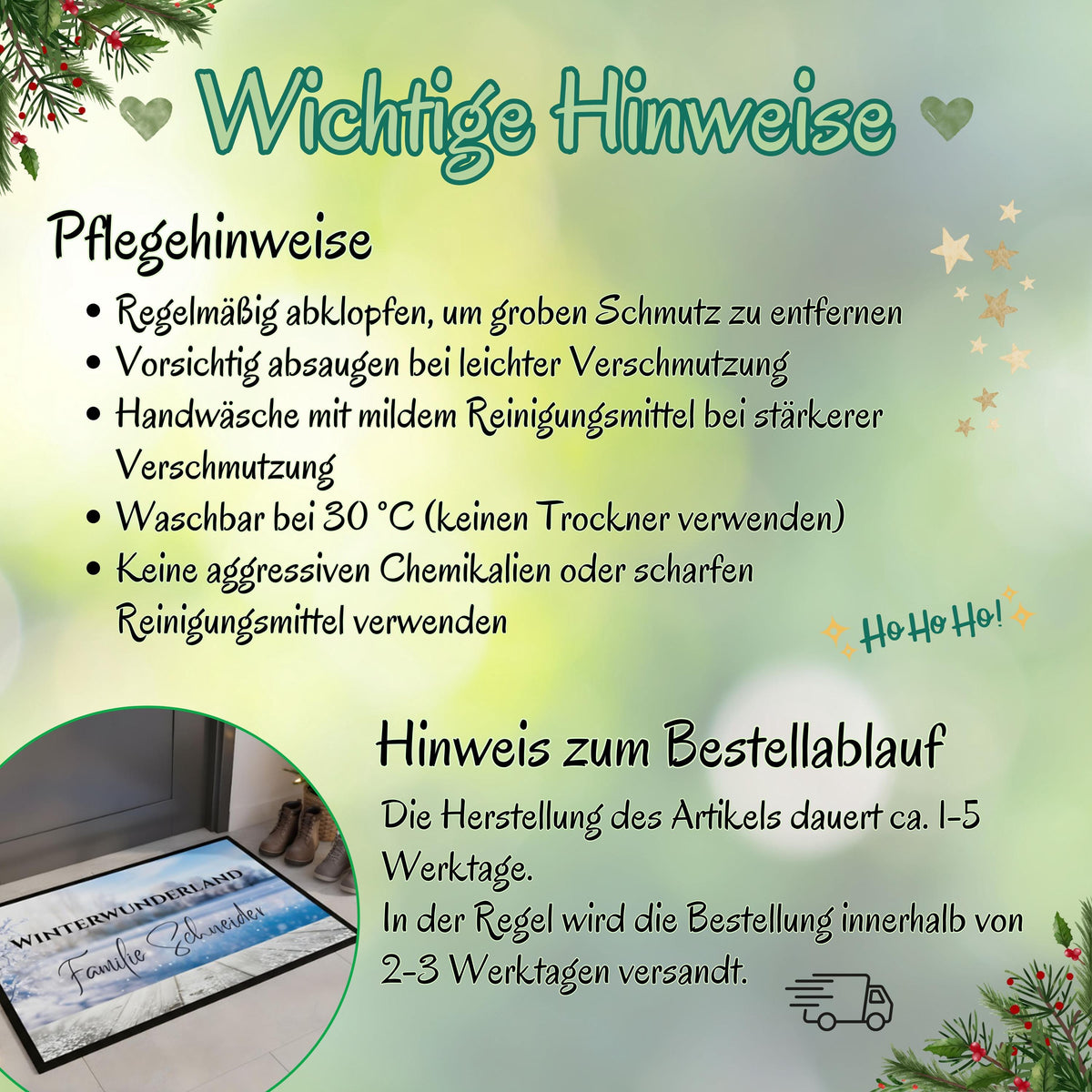 Personalisierte Weihnachtsfußmatte mit dem Schriftzug „Winterwunderland“ und Familiennamen, winterliches Design mit Frost und Schneelandschaft. Diese Türmatte Weihnachten eignet sich ideal als festliche Dekoration für den Eingangsbereich und als Geschenkidee zur Weihnachtszeit. Die rutschfeste, pflegeleichte Fußmatte ist perfekt für Innenräume oder überdachte Außenbereiche. Winterliche Türmatte mit Namen – personalisierbar, hochwertig, robust und ein weihnachtlicher Blickfang für Familien
