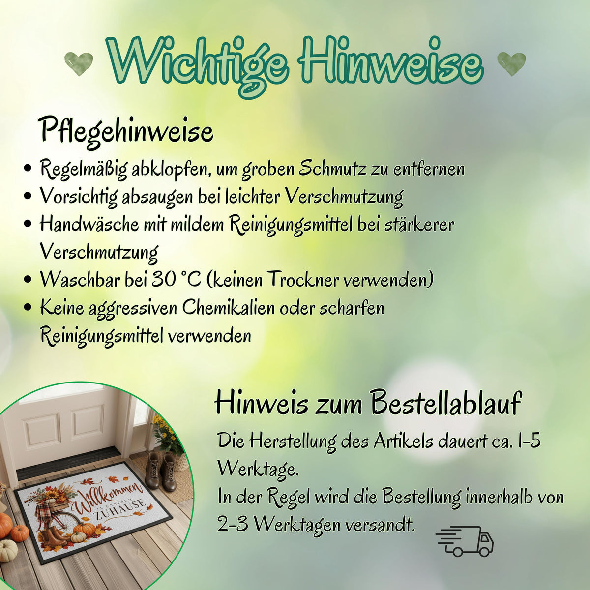 Herbst Fußmatte für Haustür und Eingang mit Schriftzug „Willkommen in unserem Zuhause“, nostalgischem Fahrrad, braunen Gummistiefeln, Kürbissen, Sonnenblumen, Beeren und bunten Herbstblättern. Bedruckte Fußmatte aus 100 % Polypropylen mit rutschfestem Gummirand in drei Größen. Herbst Fußmatte als dekorative Willkommensmatte, Haustürmatte und Schmutzfangmatte für einen gemütlichen Eingangsbereich. Fußmatte Herbst für Haus und Wohnung mit klassischer Kürbis- und Herbstdeko.