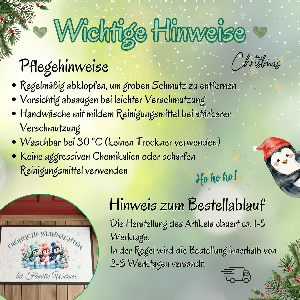Personalisierte Fußmatte Weihnachten mit drei niedlichen Pinguinen auf Schlittschuhen, bunten Wintermützen, Schneeflocken und Zuckerstangen. Über dem Motiv steht „Fröhliche Weihnachten“, darunter wird die personalisierte Fußmatte mit Namen bzw. Familiennamen gestaltet. Die Schmutzfangmatte ist eine winterliche Weihnachtsfußmatte und Weihnachtsdeko für die Tür, Haustür und den Eingangsbereich. Die Fußmatte personalisiert hat einen rutschfesten Gummirand und eignet sich als Haustür Fußmatte.