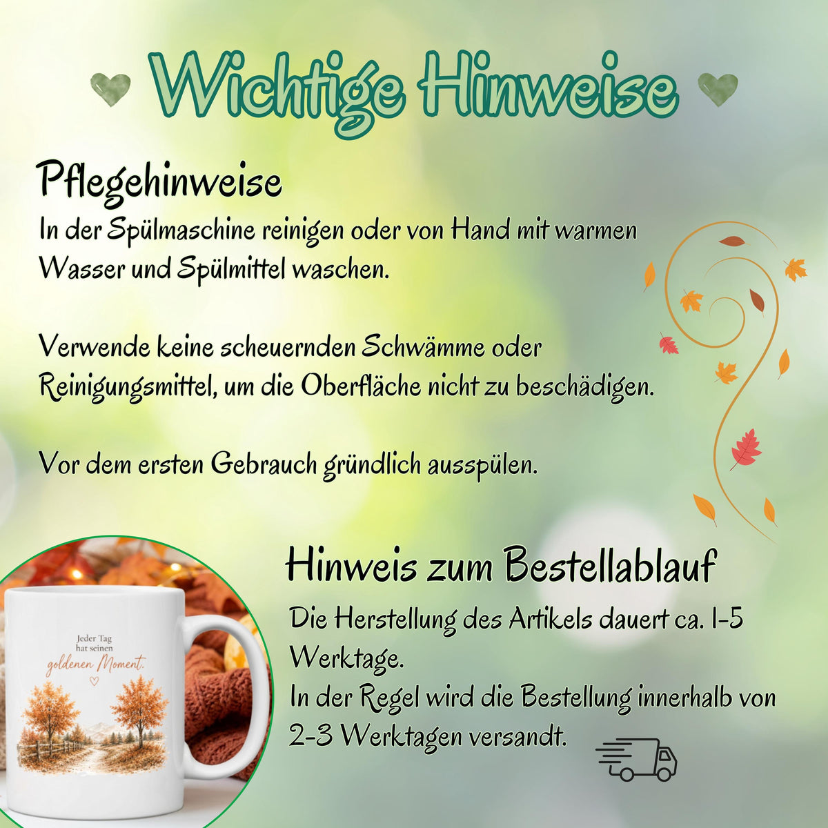 Herbst Tasse mit Spruch „Jeder Tag hat seinen goldenen Moment“ als Geschenk für beste Freundin und Geschenk für Kaffeeliebhaber. Weiße Keramiktasse 330 ml beidseitig bedruckt mit herbstlicher Landschaft, goldenen Bäumen und warmen Naturfarben. Herbsttasse für Herbstzeit und Cozy Season, Kaffeeliebhaber Geschenk, Herbst Geschenk, Selfcare Geschenk und Me Time Geschenk für Freundin, Mama oder Schwester. Keramiktasse mit Produktion und Versand aus Deutschland. geschenk beste freundin, Herbsttasse