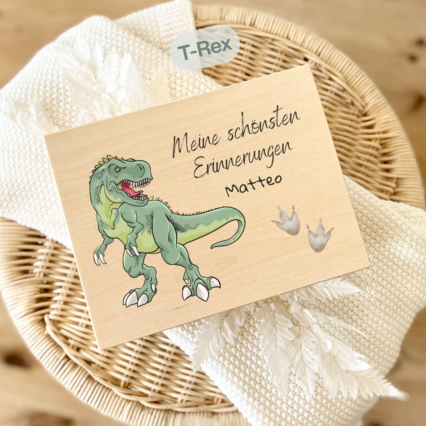 Holzkiste Kinder personalisiert mit Namen | Dino Erinnerungskiste Geburt & Taufe