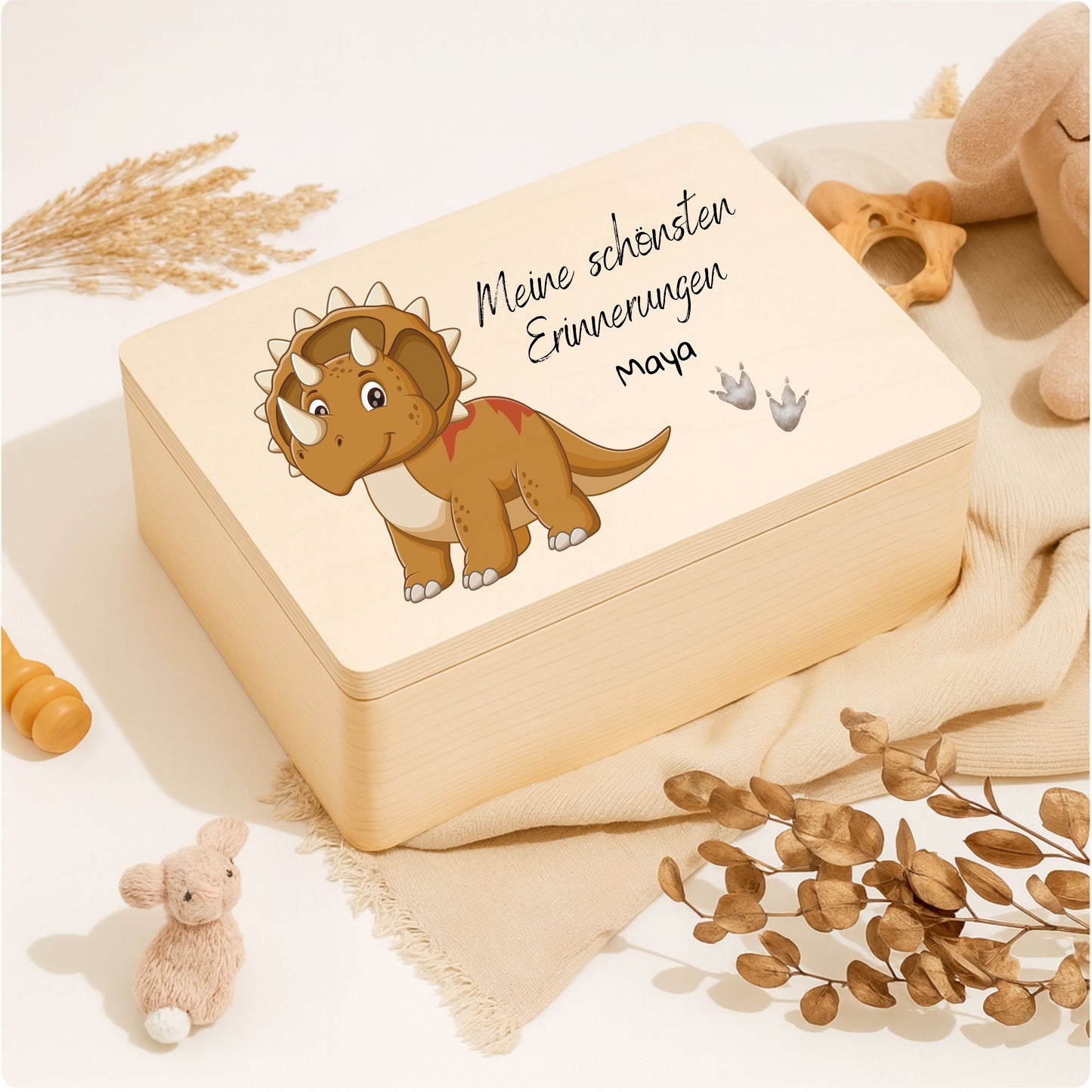 Holzkiste Kinder personalisiert mit Namen | Dino Erinnerungskiste Geburt & Taufe