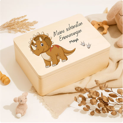 Holzkiste Kinder personalisiert mit Namen | Dino Erinnerungskiste Geburt & Taufe