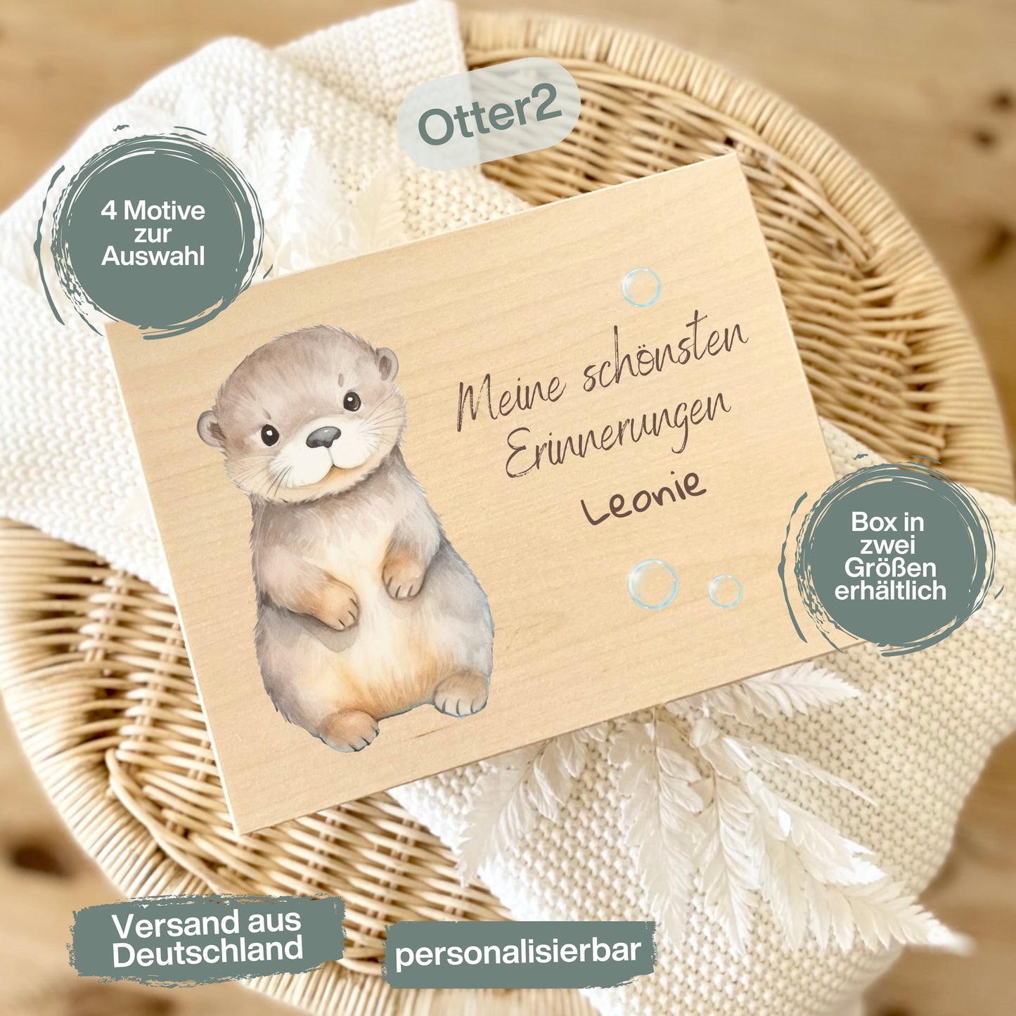 Holzkiste Kinder personalisiert mit Namen | Otter Erinnerungskiste Geburt & Taufe
