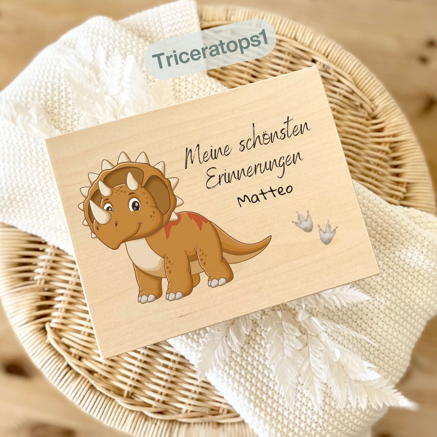 Holzkiste Kinder personalisiert mit Namen | Dino Erinnerungskiste Geburt & Taufe