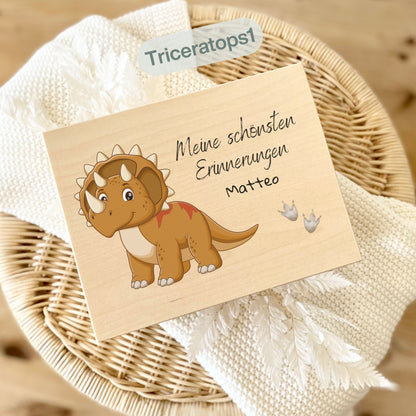 Holzkiste Kinder personalisiert mit Namen | Dino Erinnerungskiste Geburt & Taufe
