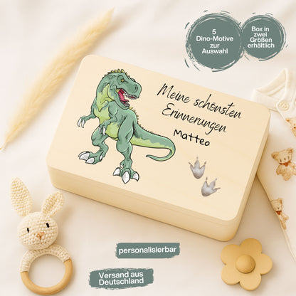 Holzkiste Kinder personalisiert mit Namen | Dino Erinnerungskiste Geburt & Taufe