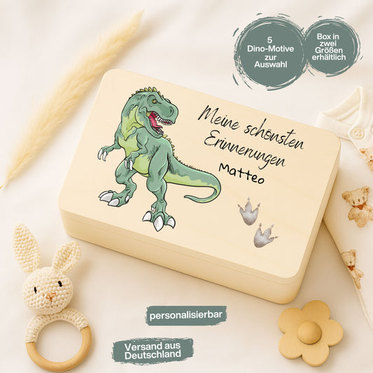 Holzkiste Kinder personalisiert mit Namen | Dino Erinnerungskiste Geburt & Taufe