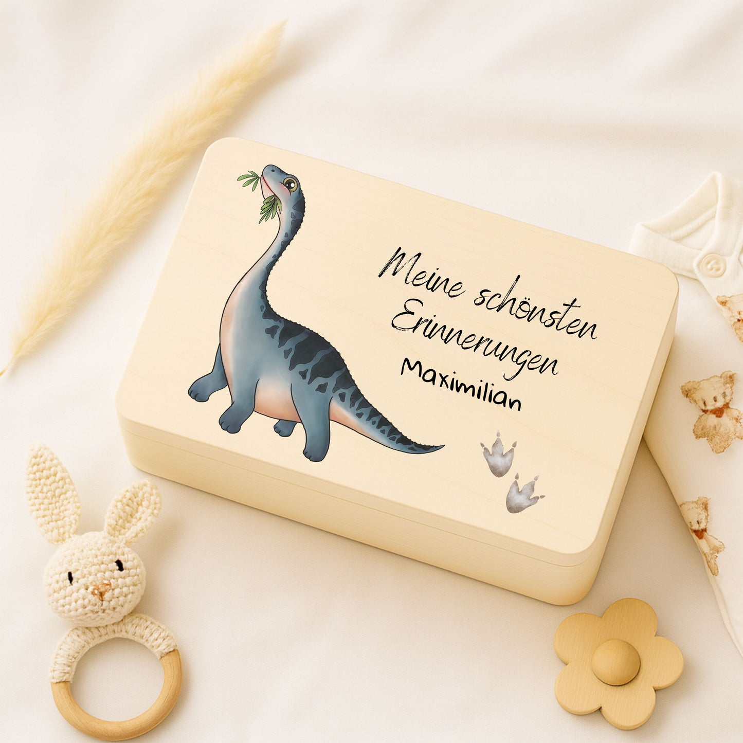 Holzkiste Kinder personalisiert mit Namen | Dino Erinnerungskiste Geburt & Taufe