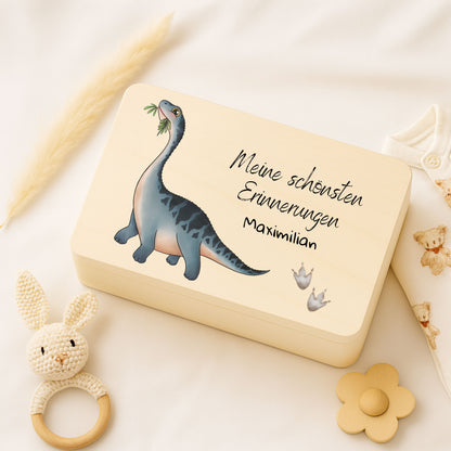 Holzkiste Kinder personalisiert mit Namen | Dino Erinnerungskiste Geburt & Taufe