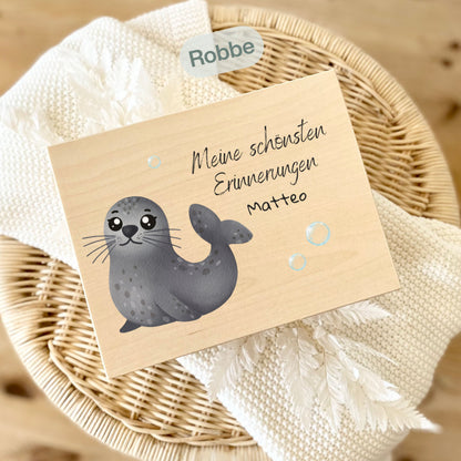 Holzkiste Kinder personalisiert mit Namen | Wassertiere Erinnerungskiste Geburt & Taufe
