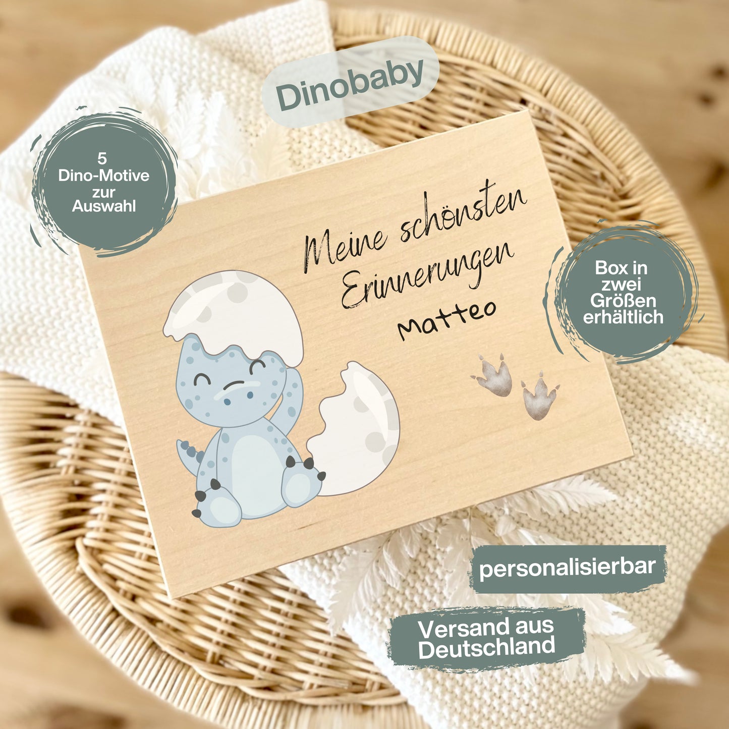 Holzkiste Kinder personalisiert mit Namen | Dino Erinnerungskiste Geburt & Taufe
