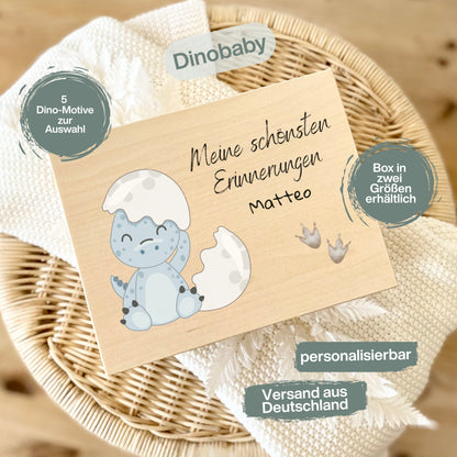 Holzkiste Kinder personalisiert mit Namen | Dino Erinnerungskiste Geburt & Taufe