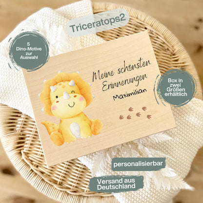 Holzkiste Kinder personalisiert mit Namen | Dino Erinnerungskiste Geburt & Taufe