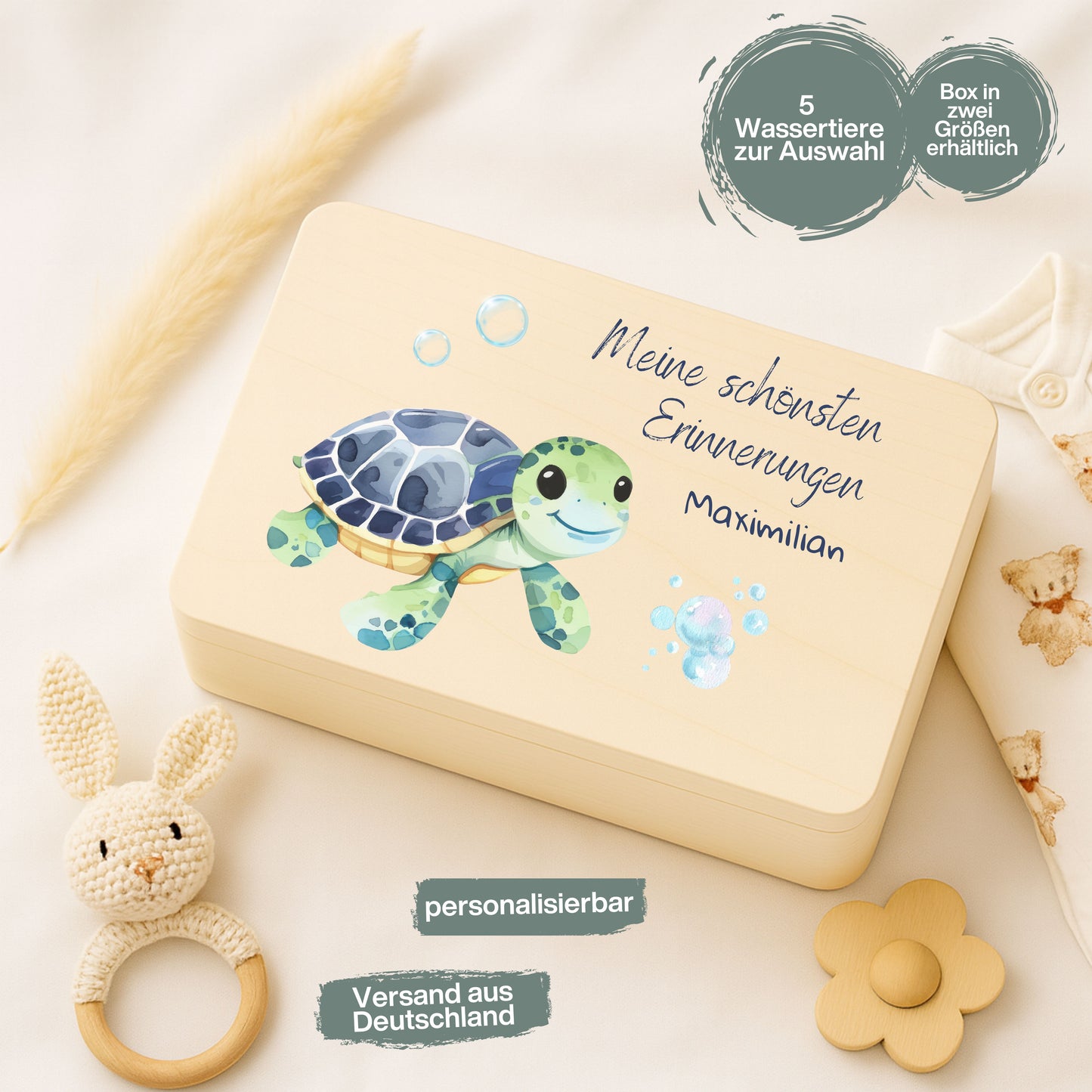Holzkiste Kinder personalisiert mit Namen | Wassertiere Erinnerungskiste Geburt & Taufe