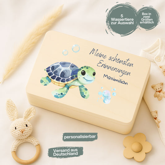 Holzkiste Kinder personalisiert mit Namen | Wassertiere Erinnerungskiste Geburt & Taufe