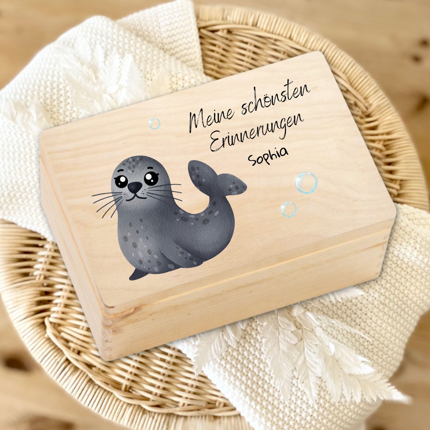 Holzkiste Kinder personalisiert mit Namen | Wassertiere Erinnerungskiste Geburt & Taufe