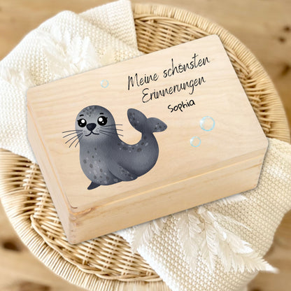 Holzkiste Kinder personalisiert mit Namen | Wassertiere Erinnerungskiste Geburt & Taufe