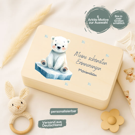 Holzkiste Kinder personalisiert mit Namen | Arktis Erinnerungskiste Geburt & Taufe