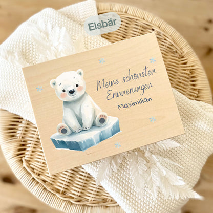 Holzkiste Kinder personalisiert mit Namen | Arktis Erinnerungskiste Geburt & Taufe