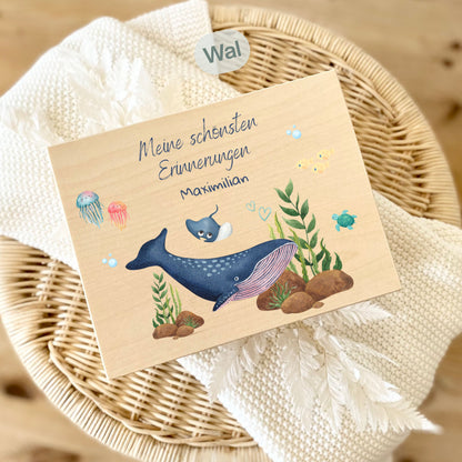 Holzkiste Kinder personalisiert mit Namen | Meerestiere Erinnerungskiste Geburt & Taufe