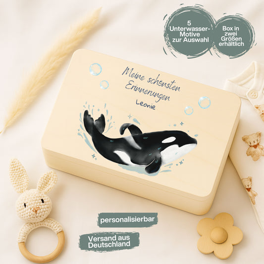 Holzkiste Kinder personalisiert mit Namen | Meerestiere Erinnerungskiste Geburt & Taufe