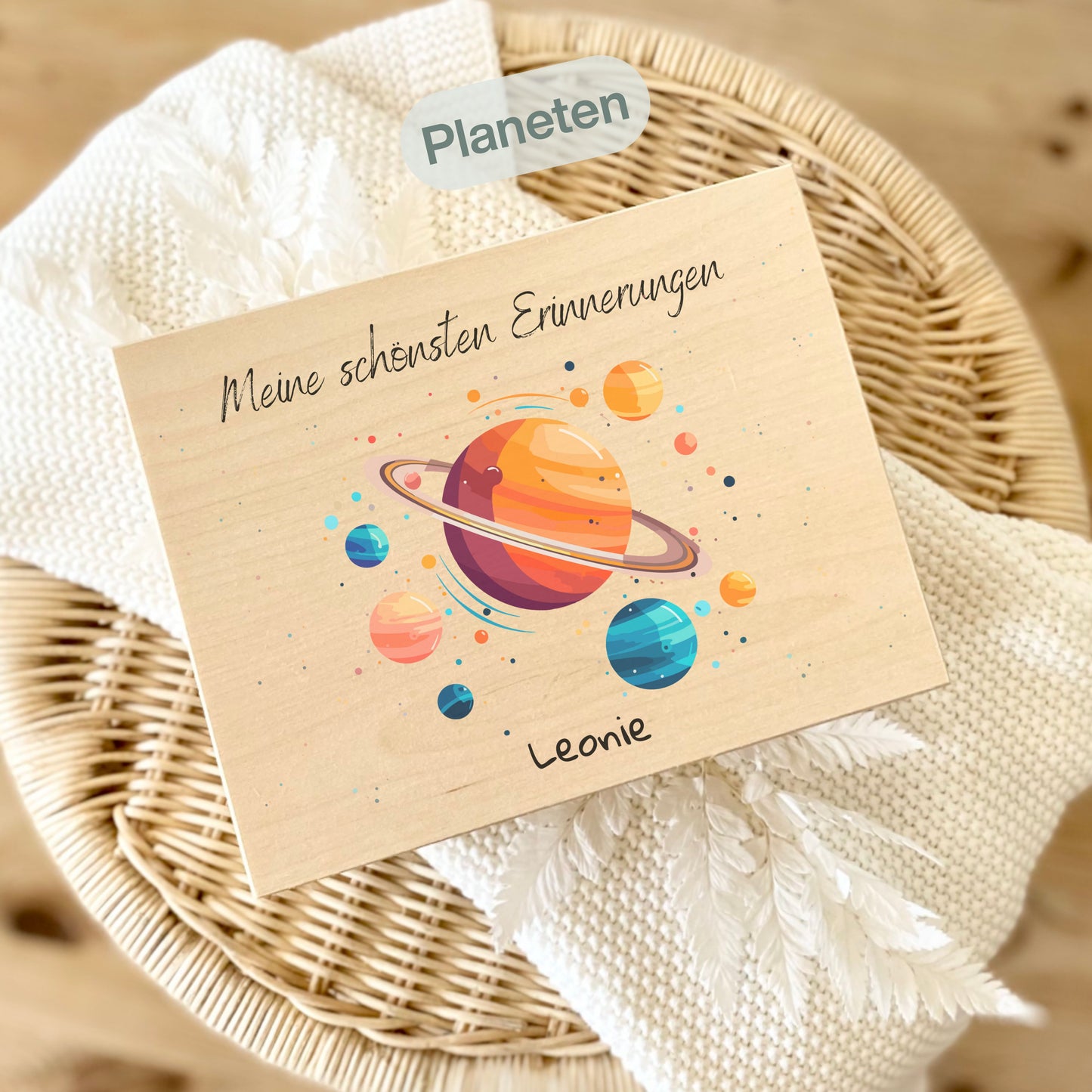 Holzkiste Kinder personalisiert mit Namen | Weltraum Erinnerungskiste Geburt & Taufe