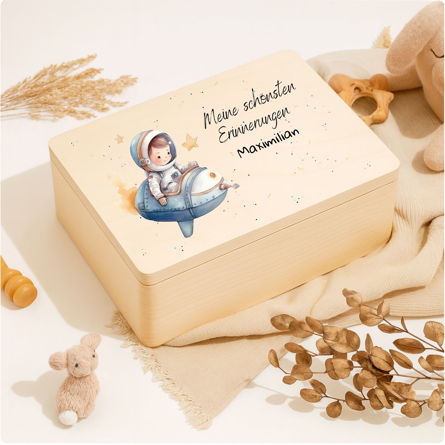 Holzkiste Kinder personalisiert mit Namen | Weltraum Erinnerungskiste Geburt & Taufe