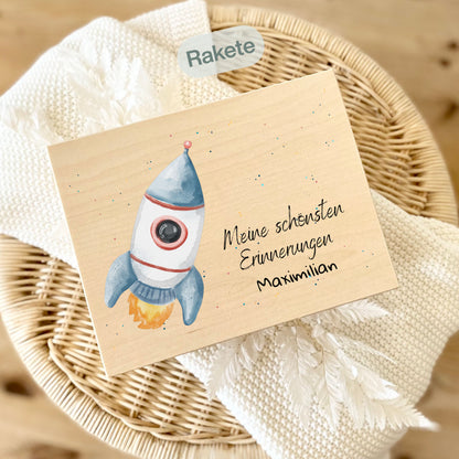 Holzkiste Kinder personalisiert mit Namen | Weltraum Erinnerungskiste Geburt & Taufe