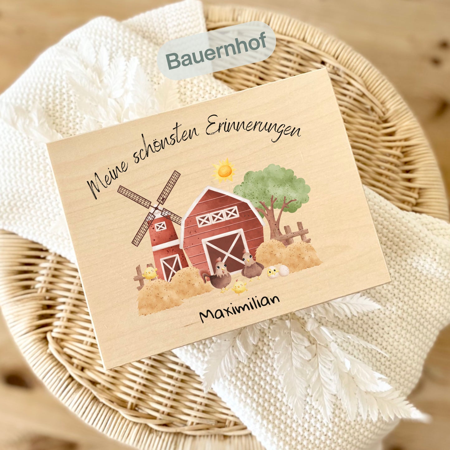 Holzkiste Kinder personalisiert mit Namen | Bauernhof Erinnerungskiste Geburt & Taufe