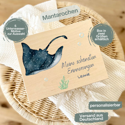 Holzkiste Kinder personalisiert mit Namen | Meerestiere Erinnerungskiste Geburt & Taufe