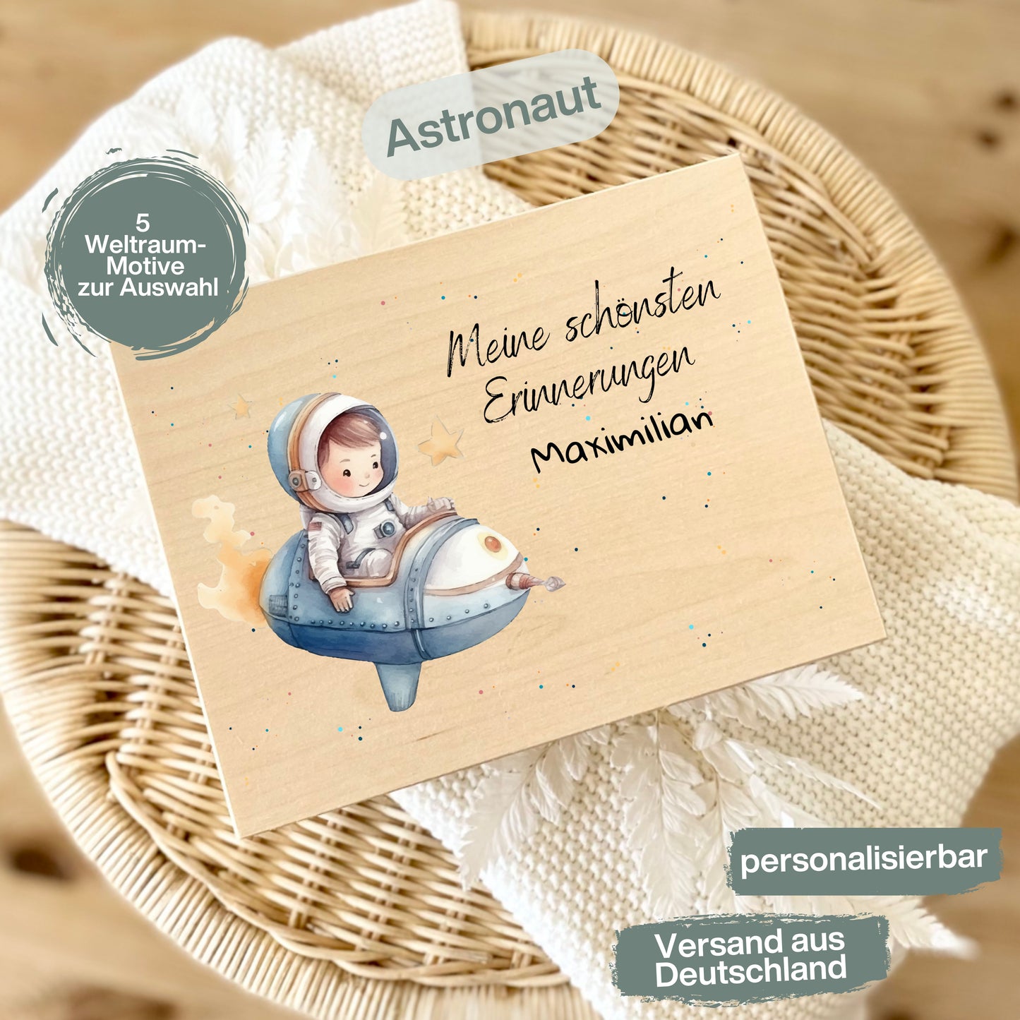 Holzkiste Kinder personalisiert mit Namen | Weltraum Erinnerungskiste Geburt & Taufe