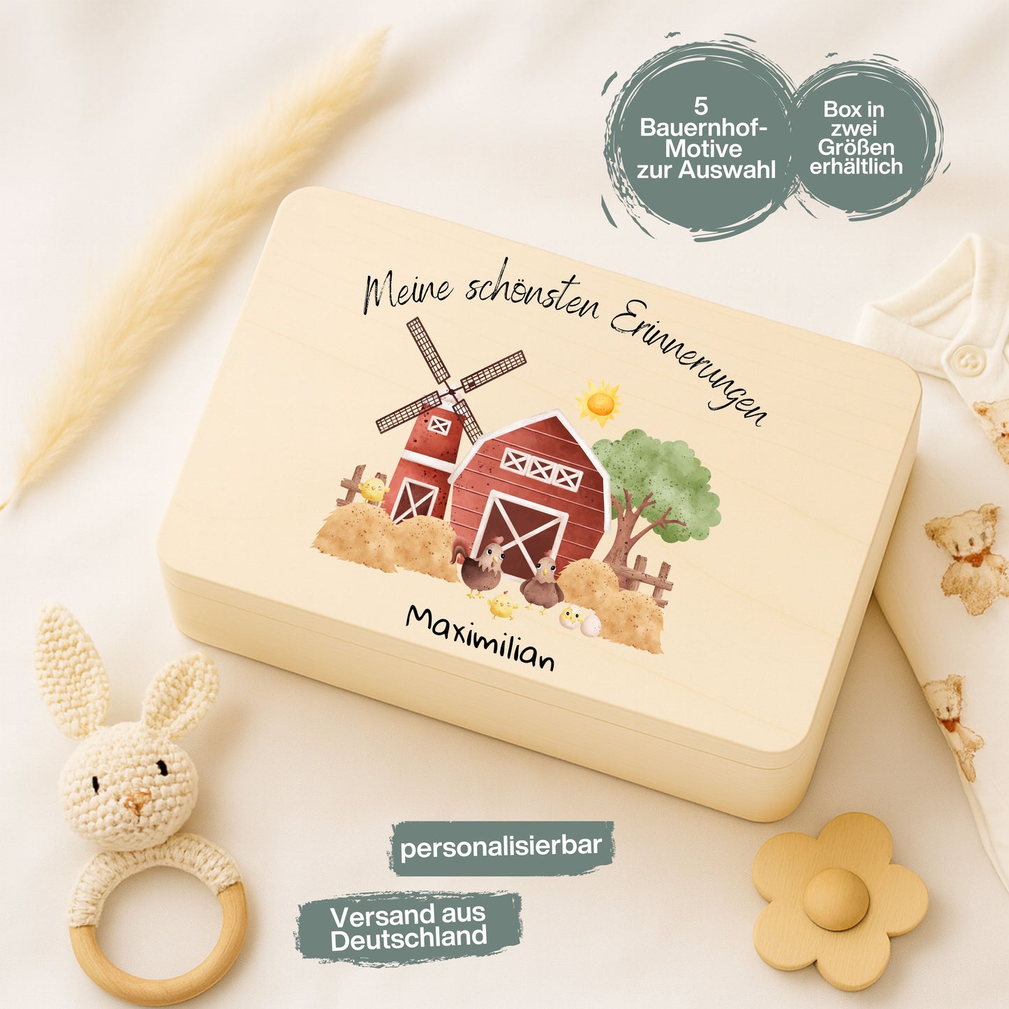Holzkiste Kinder personalisiert mit Namen | Bauernhof Erinnerungskiste Geburt & Taufe
