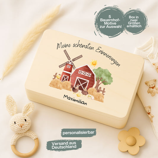 Holzkiste Kinder personalisiert mit Namen | Bauernhof Erinnerungskiste Geburt & Taufe