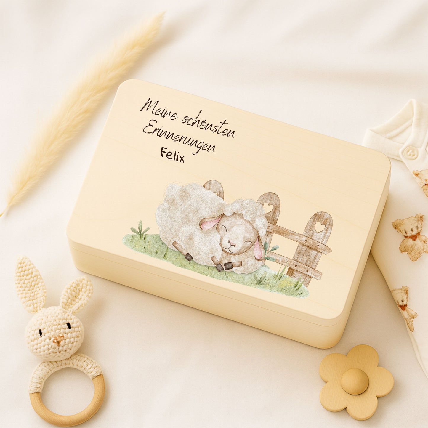 Holzkiste Kinder personalisiert mit Namen | Bauernhof Erinnerungskiste Geburt & Taufe