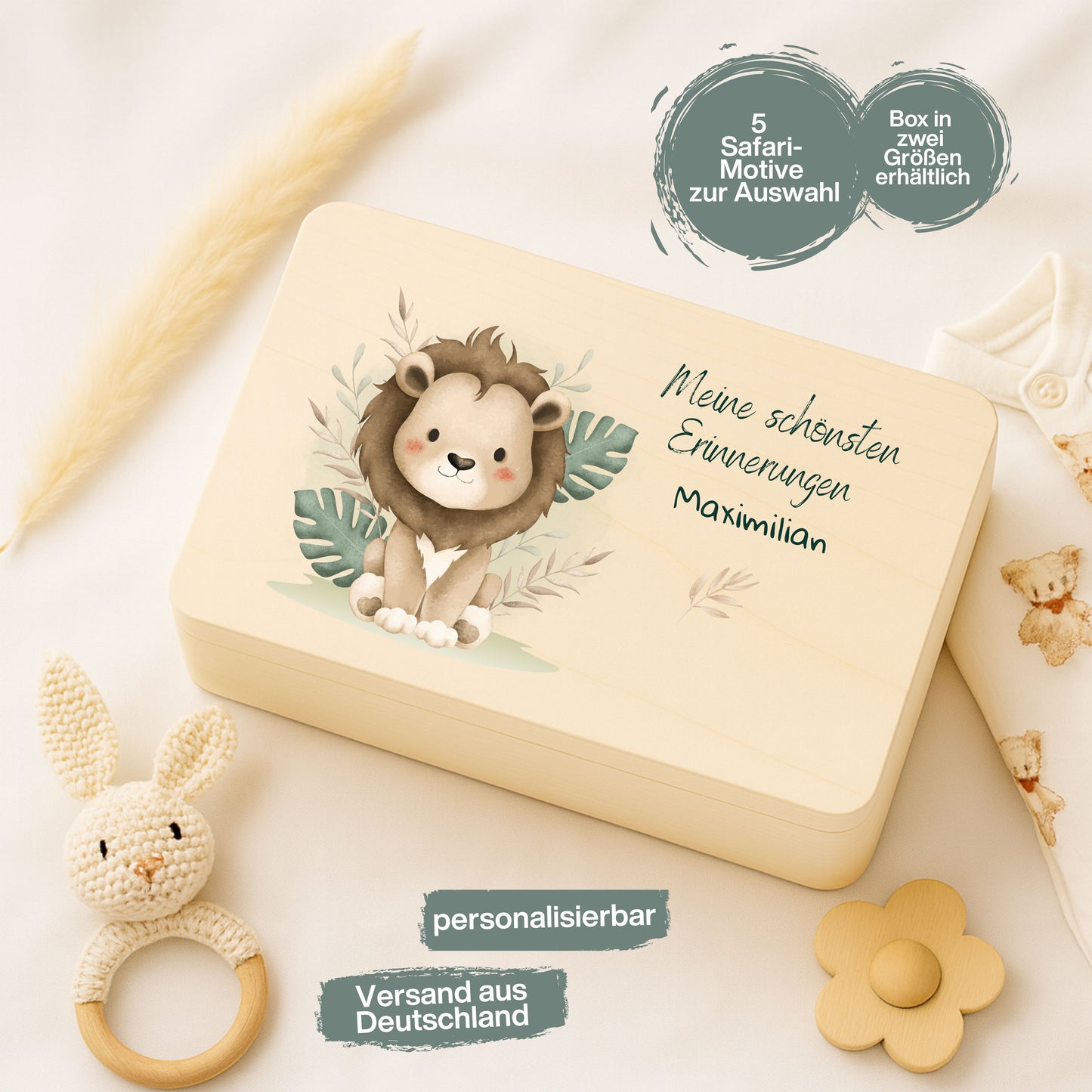 Holzkiste Kinder personalisiert mit Namen | Safari Erinnerungskiste Geburt & Taufe