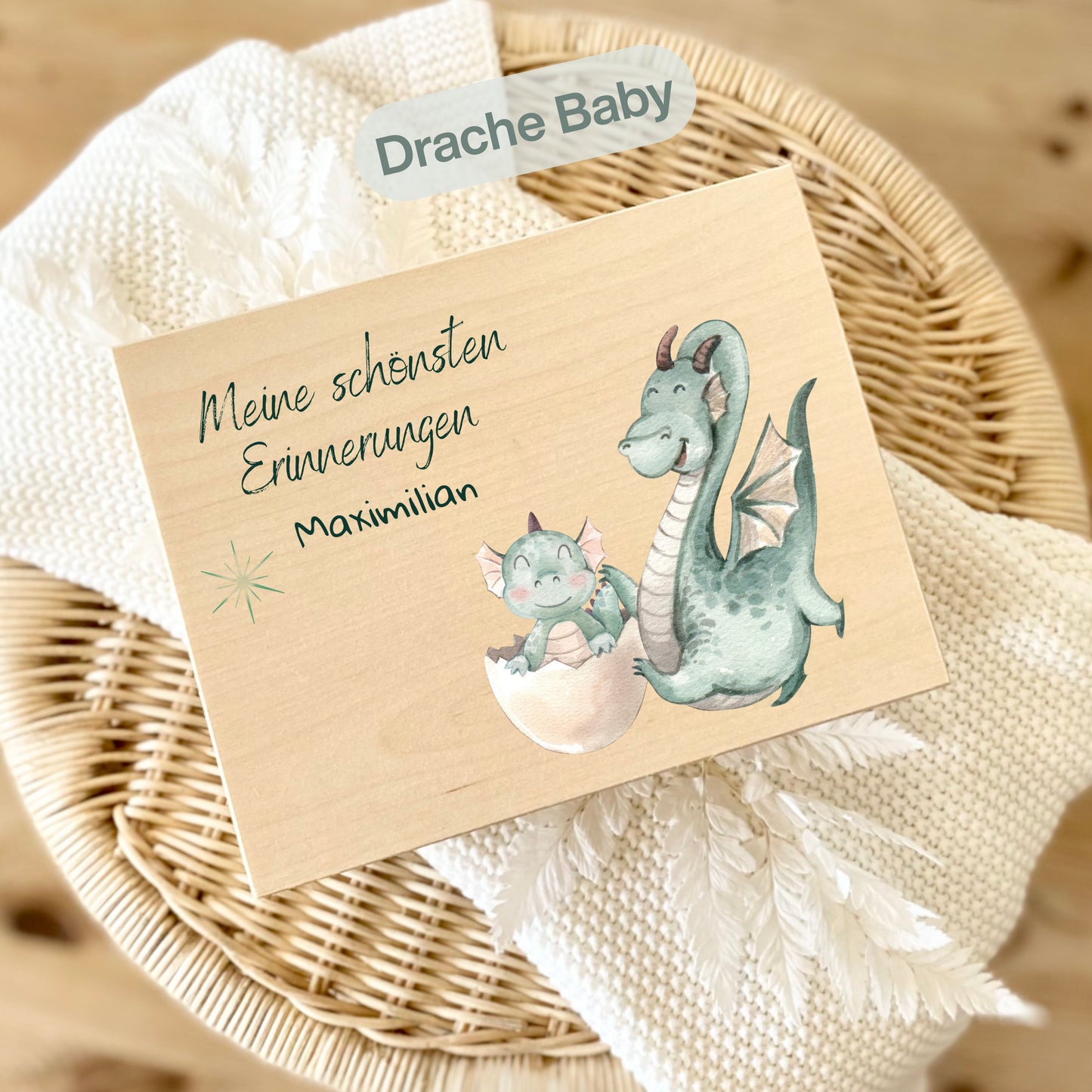 Holzkiste Kinder personalisiert mit Namen | Drachen Erinnerungskiste Geburt & Taufe