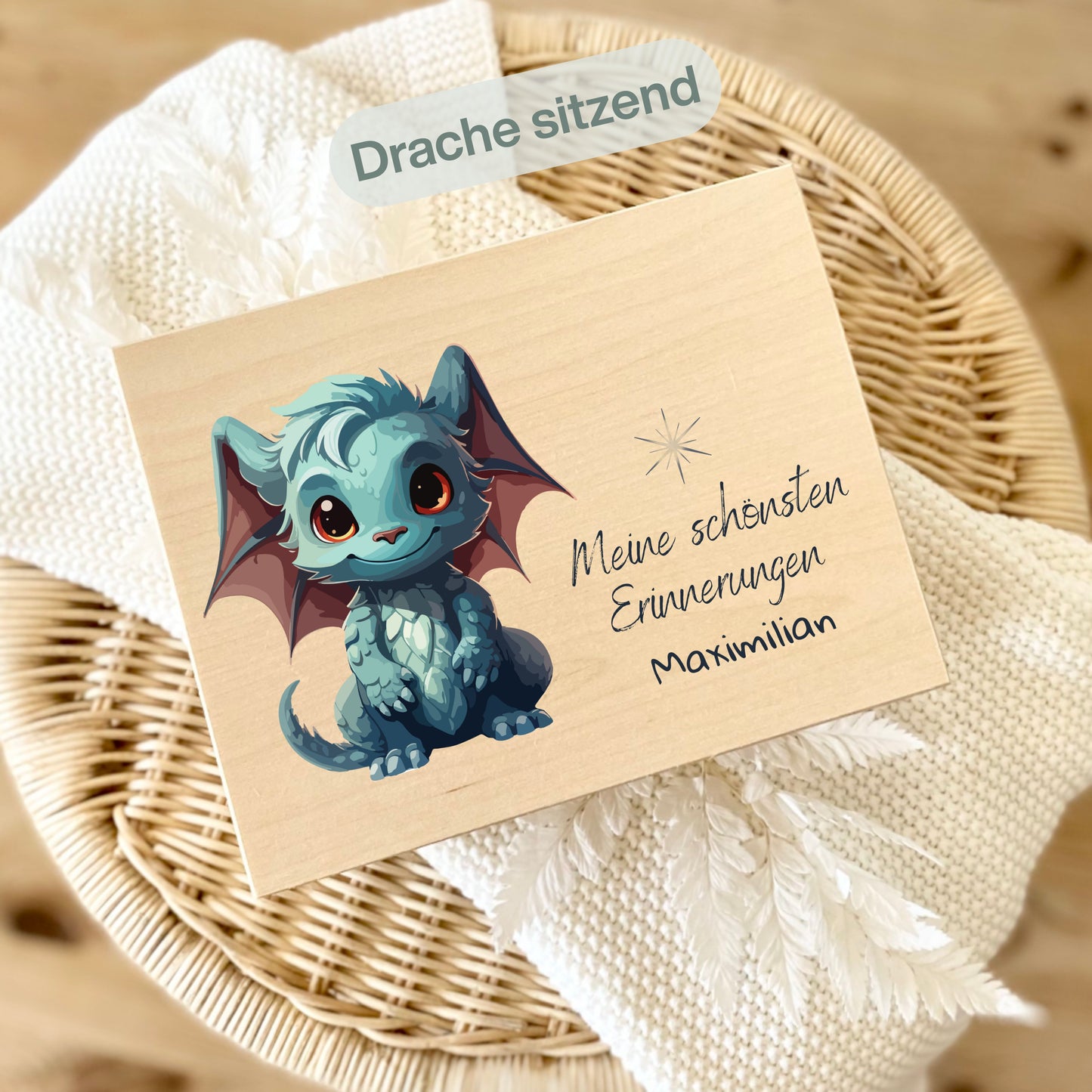 Holzkiste Kinder personalisiert mit Namen | Drachen Erinnerungskiste Geburt & Taufe