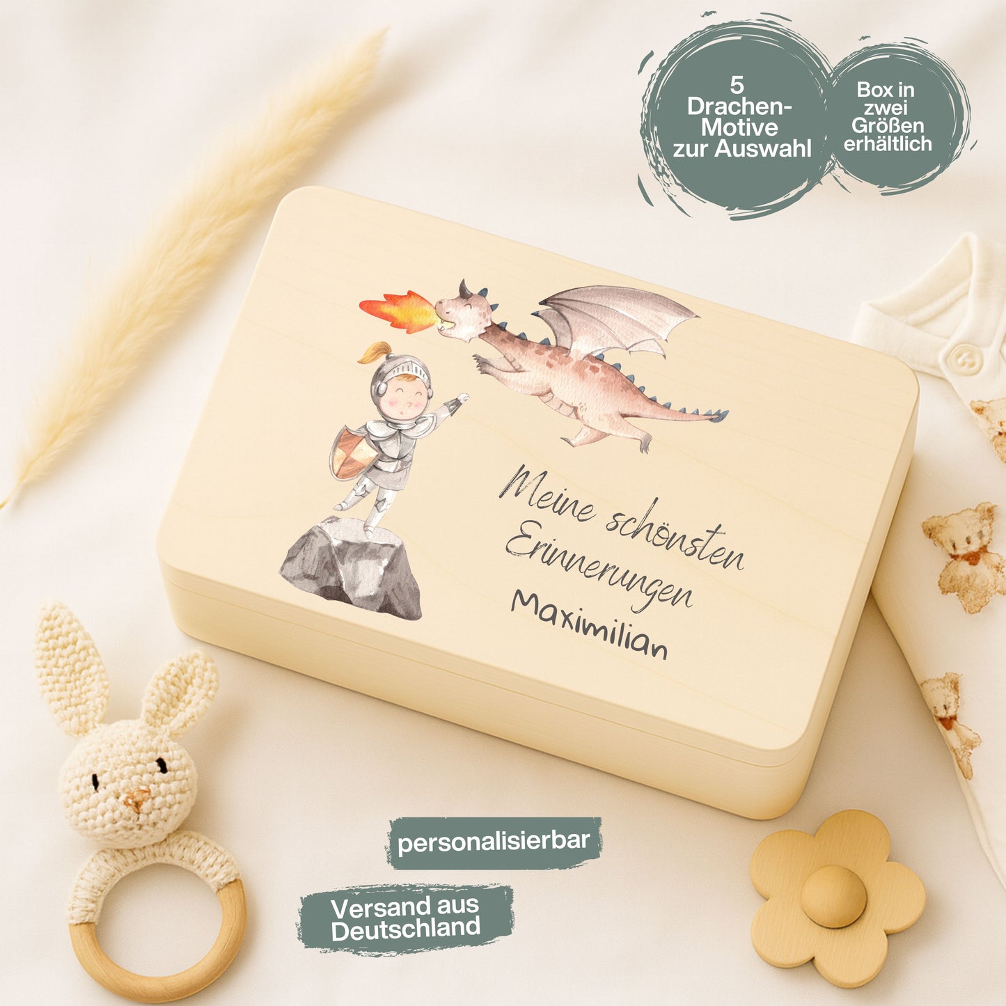 Holzkiste Kinder personalisiert mit Namen | Drachen Erinnerungskiste Geburt & Taufe