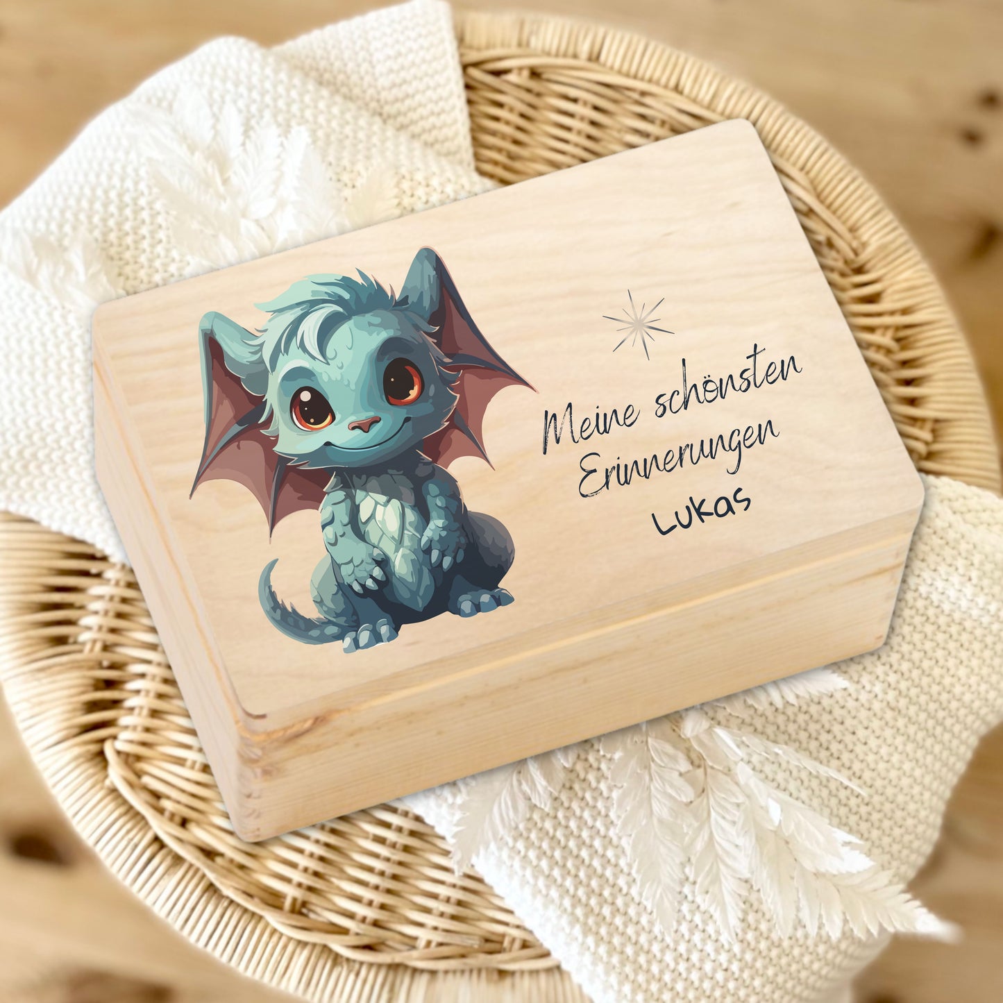 Holzkiste Kinder personalisiert mit Namen | Drachen Erinnerungskiste Geburt & Taufe
