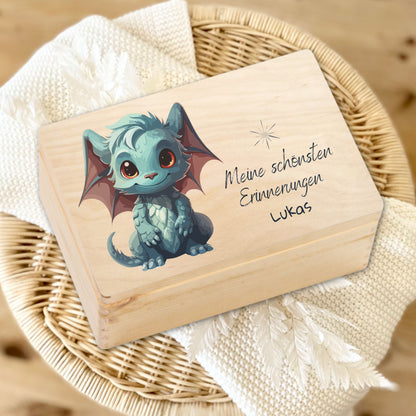 Holzkiste Kinder personalisiert mit Namen | Drachen Erinnerungskiste Geburt & Taufe