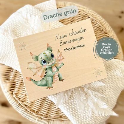 Holzkiste Kinder personalisiert mit Namen | Drachen Erinnerungskiste Geburt & Taufe