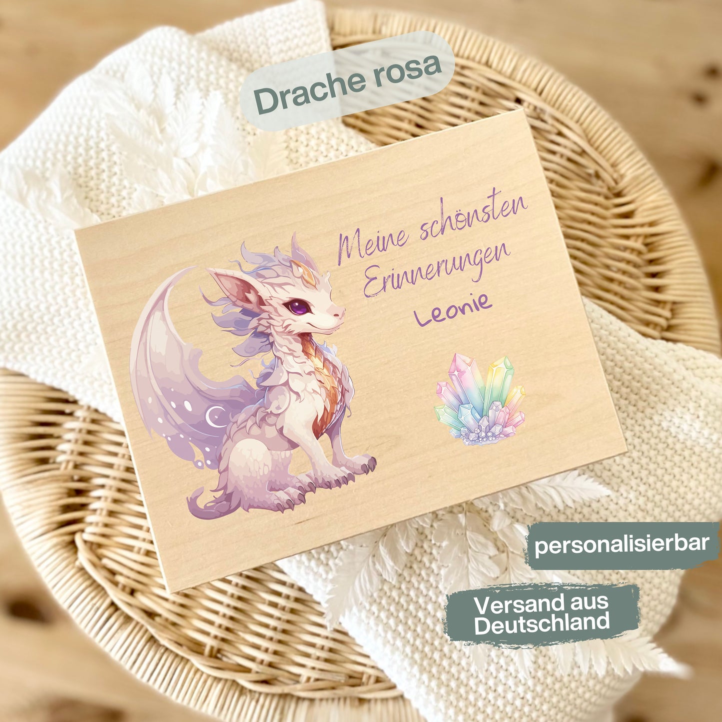 Holzkiste Kinder personalisiert mit Namen | Drachen Erinnerungskiste Geburt & Taufe