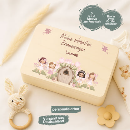 Holzkiste Mädchen personalisiert mit Namen | Märchenmotive Erinnerungskiste Geburt & Taufe