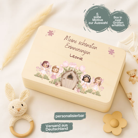 Holzkiste Mädchen personalisiert mit Namen | Märchenmotive Erinnerungskiste Geburt & Taufe