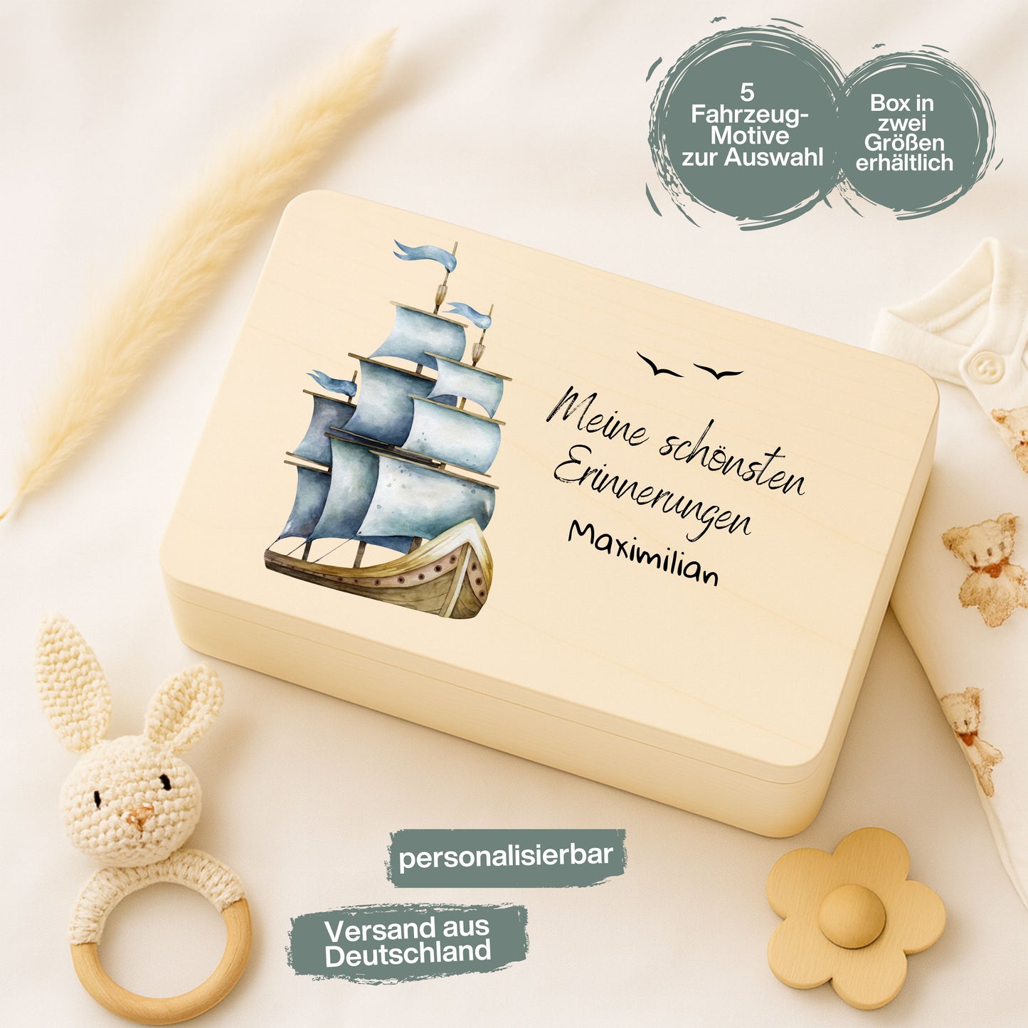 Holzkiste Kinder personalisiert mit Namen | Fahrzeuge Erinnerungskiste Geburt & Taufe