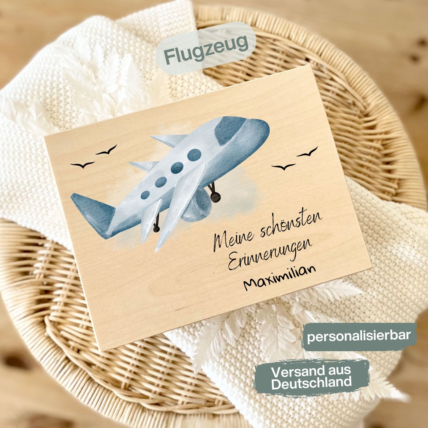Holzkiste Kinder personalisiert mit Namen | Fahrzeuge Erinnerungskiste Geburt & Taufe